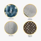 Set of four circular images showing damaged fabric with minor faults on Halloween Scarves