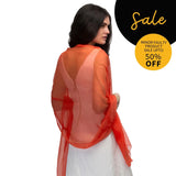 Woman in white dress with red scarf, SALE Large Plain Chiffon Scarf Oversized Shawl in Orange.