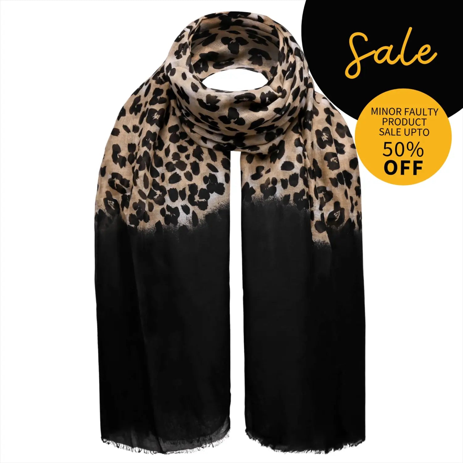 Leopard print scarf with black gradient edge, includes damaged fabric, stylish shawl