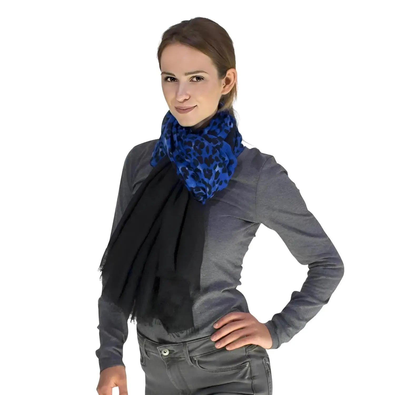 Blue and black patterned scarf with minor faults, part of SALE Leopard Scarf collection