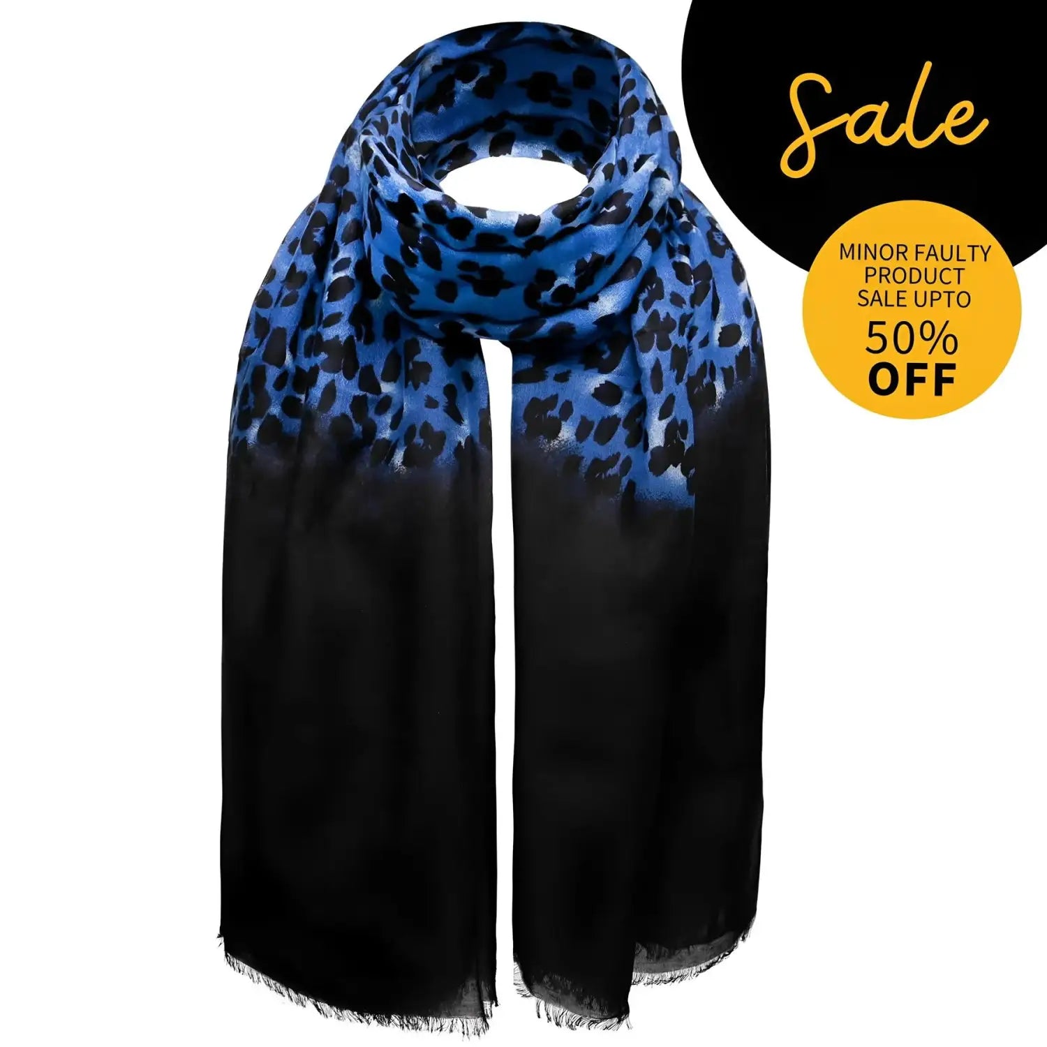 Leopard scarf with black base and blue pattern, includes damaged fabric on sale