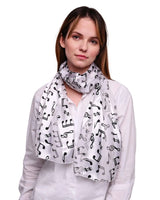 Woman wearing SALE Music Clef Note Satin Scarf for Women Girl Choir Musical Performance School, White.