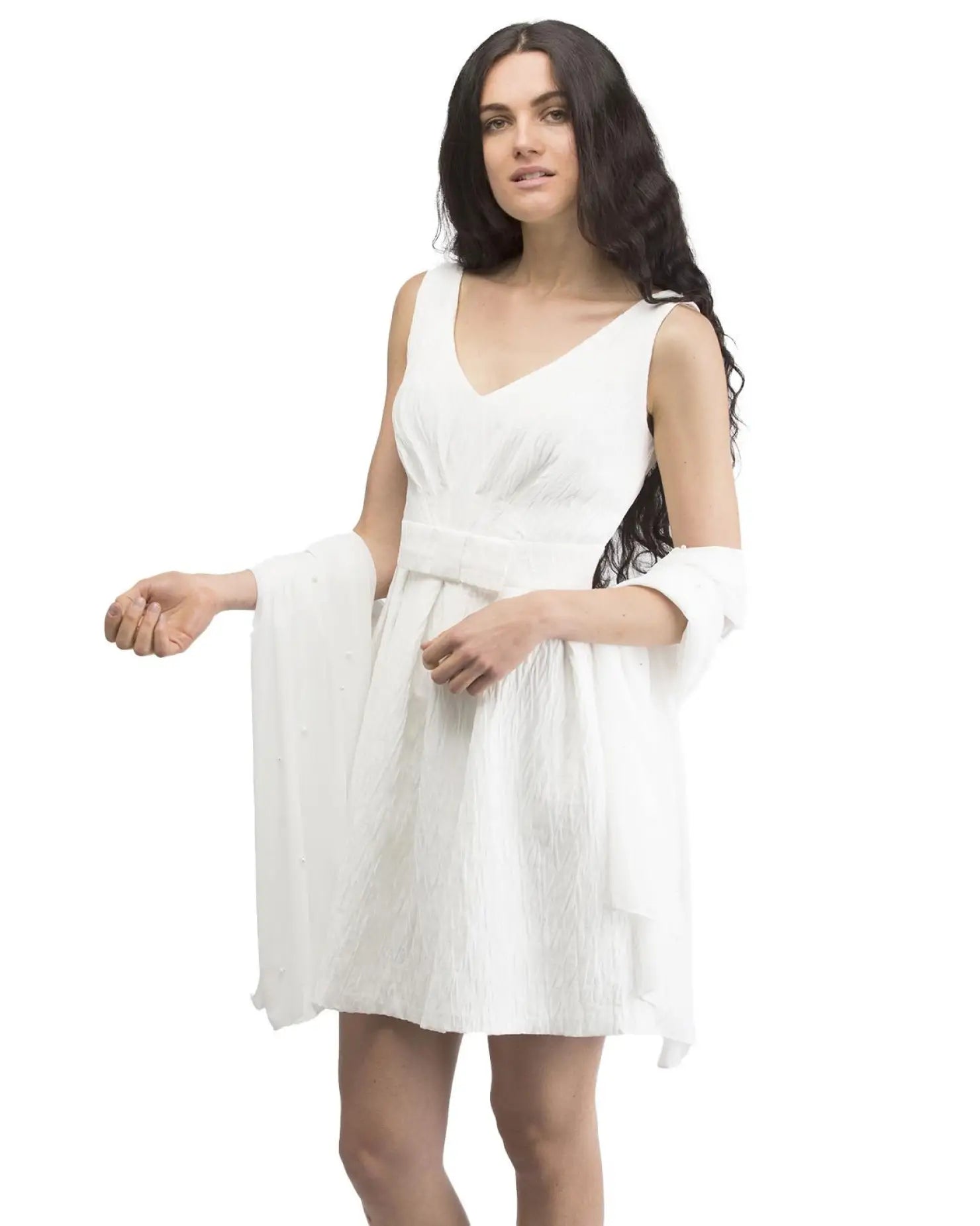 Pearl-Embellished Chiffon Shawl Oversized Wrap Scarf, Ivory, Woman in White Dress