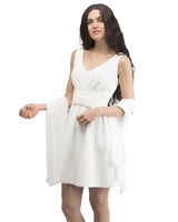 Pearl-Embellished Chiffon Shawl Oversized Wrap Scarf, Ivory, Woman in White Dress