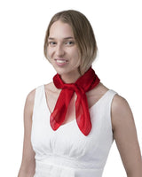 Woman wearing red mulberry silk scarf from SALE Plain Small Square Scarf in Crimson Red.