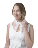 White mulberry silk small square scarf being held by woman in white dress