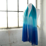 Ombré turquoise to deep blue plain chiffon scarf on mannequin, minor faults included