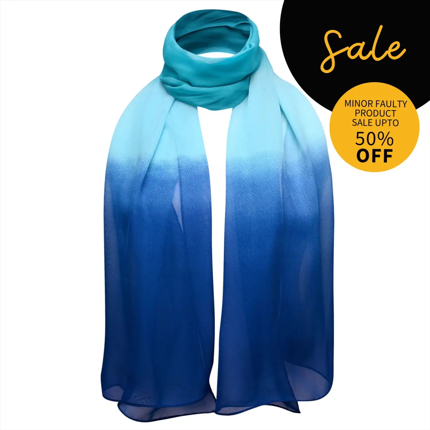 Ombre scarf in light turquoise to deep blue, featuring plain chiffon and minor faults