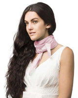 SALE Plain Chiffon Square Lightweight Scarf in Baby Pink, worn by woman with long hair and pink bow