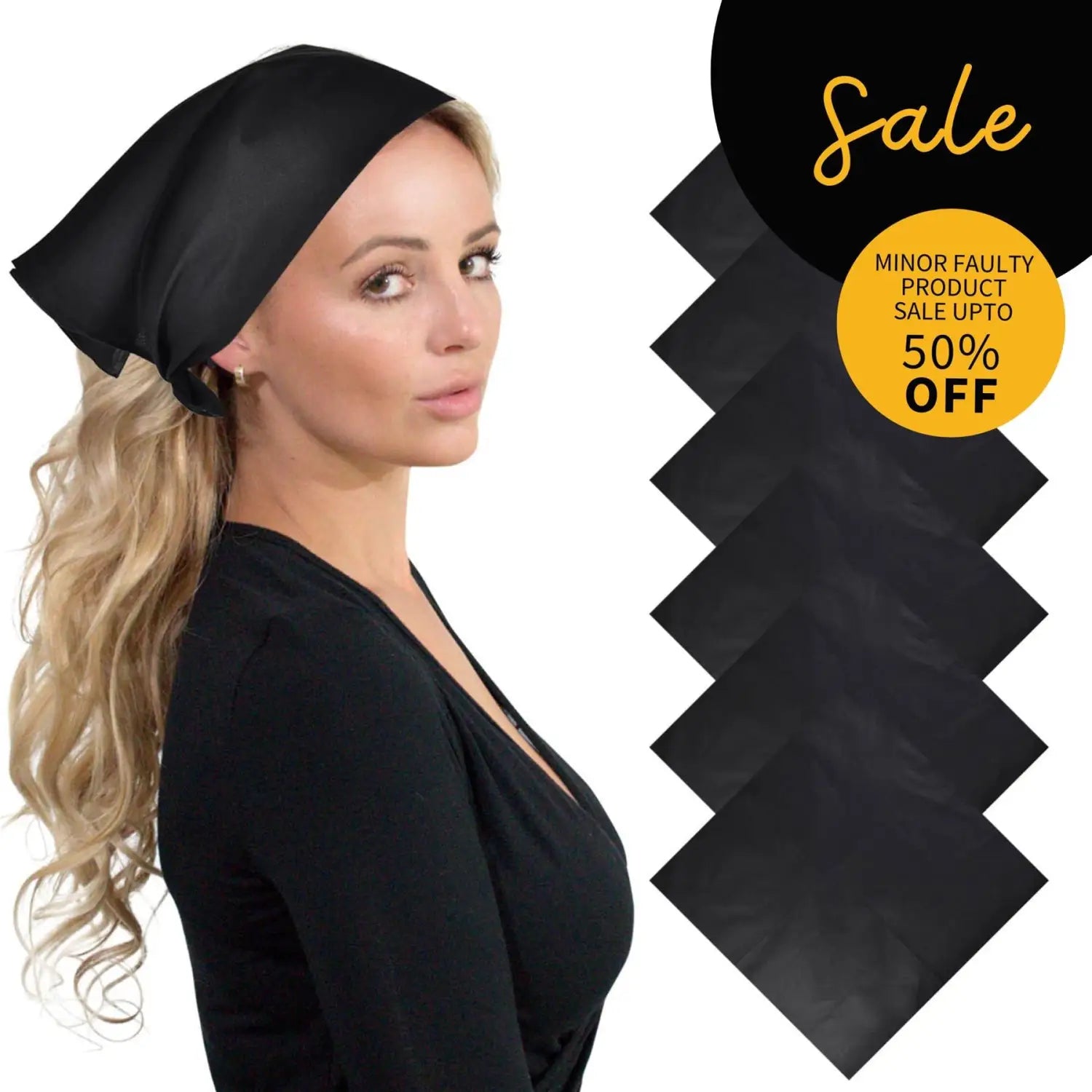 Woman in graduation cap wearing SALE Plain Cotton Bandana Set - 6PCS, Black.