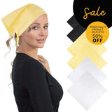 Woman wearing yellow surgical cap with SALE Plain Cotton Bandana Set - 6PCS, Black & White Combo.