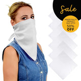 Woman wearing a plain cotton bandana face mask, white background.