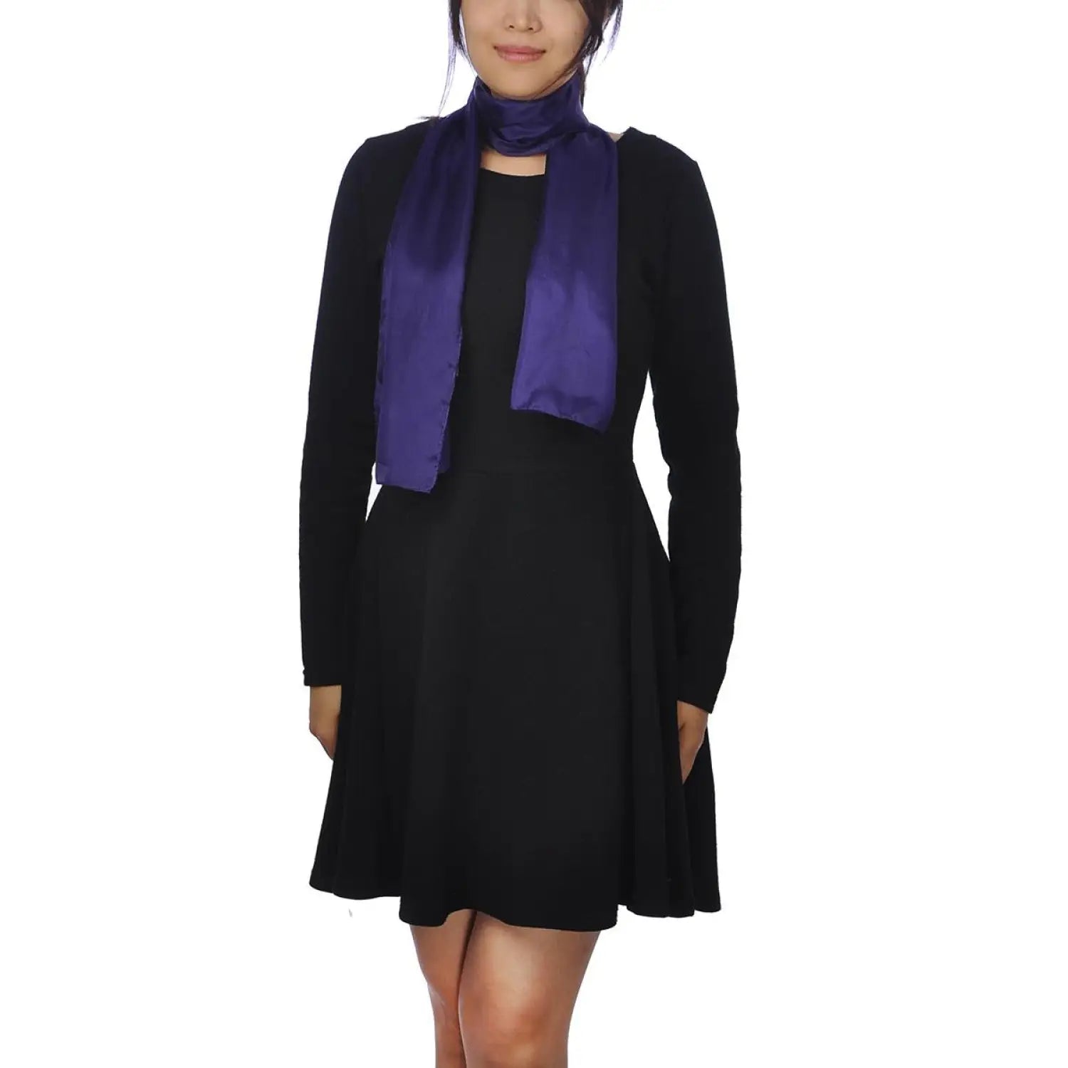 Woman in black dress wearing SALE Plain Pure Natural Silk Light Weight Soft SKIN FRIENDLY Scarf, Purple