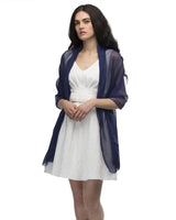 Woman wearing navy semi opaque chiffon large shawl