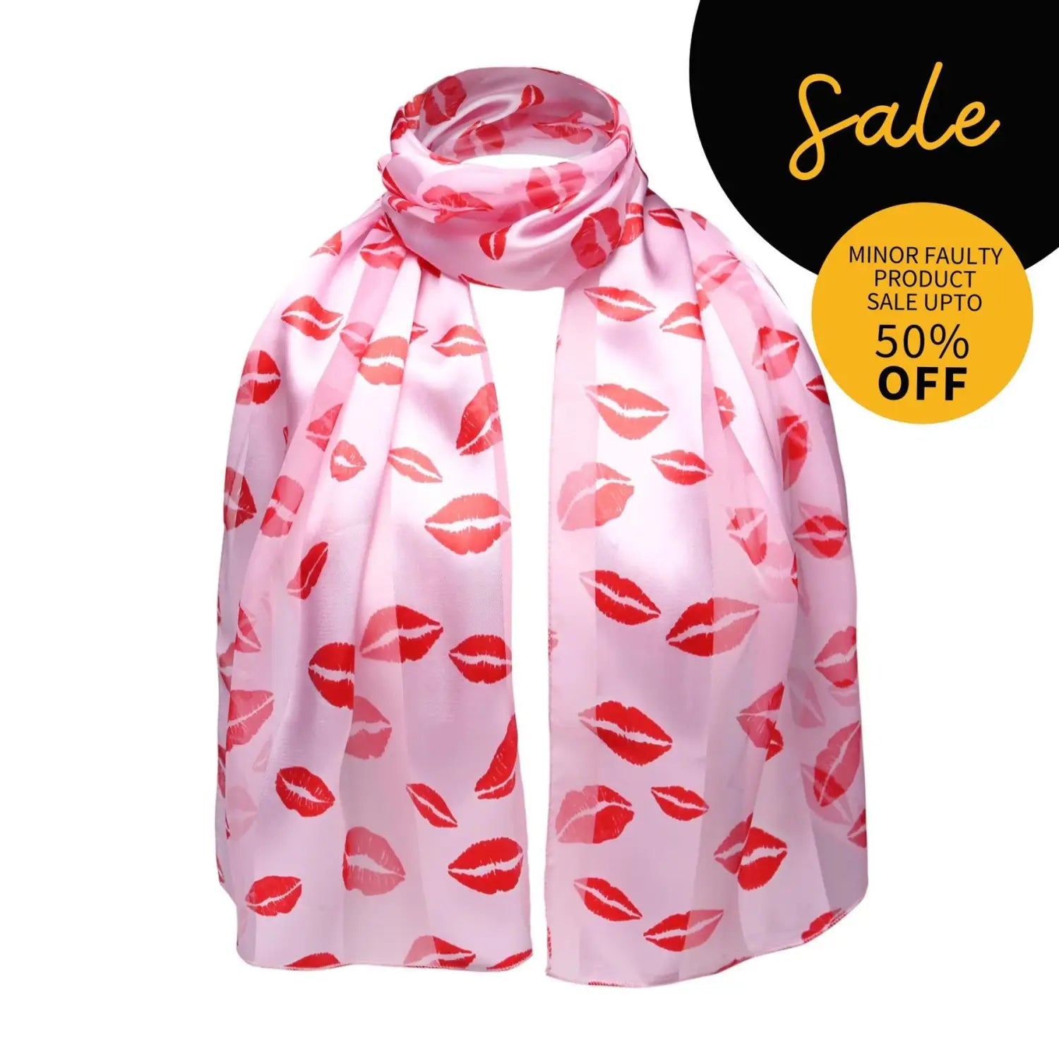 Pink satin lightweight scarf with kiss mark design.