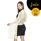 SALE Shimmering Lurex Champagne Gold Evening Shawl worn by woman, black background.