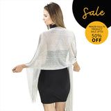 Woman wears white shrug over black and white background, SALE Shimmering Lurex Scarf Fishnet Evening Shawl.