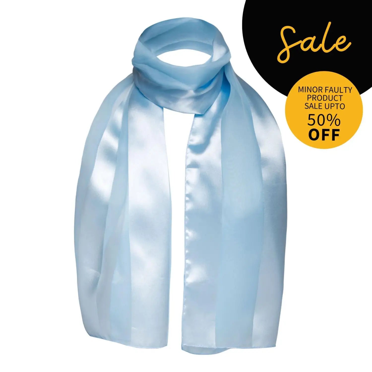 Light blue satin stripe scarf with black circle design on the right side.