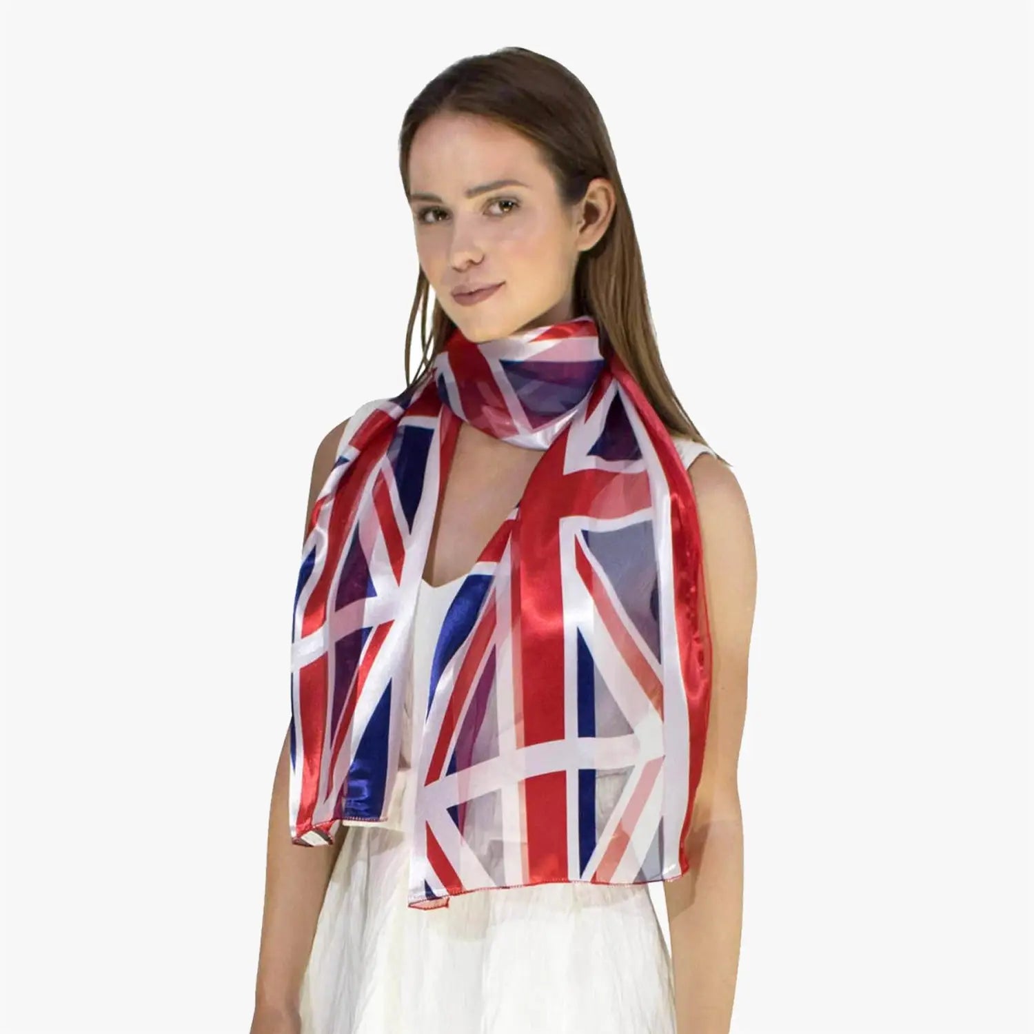 Woman wearing SALE Union Jack Satin Flag Scarf for patriotic fashion statement.