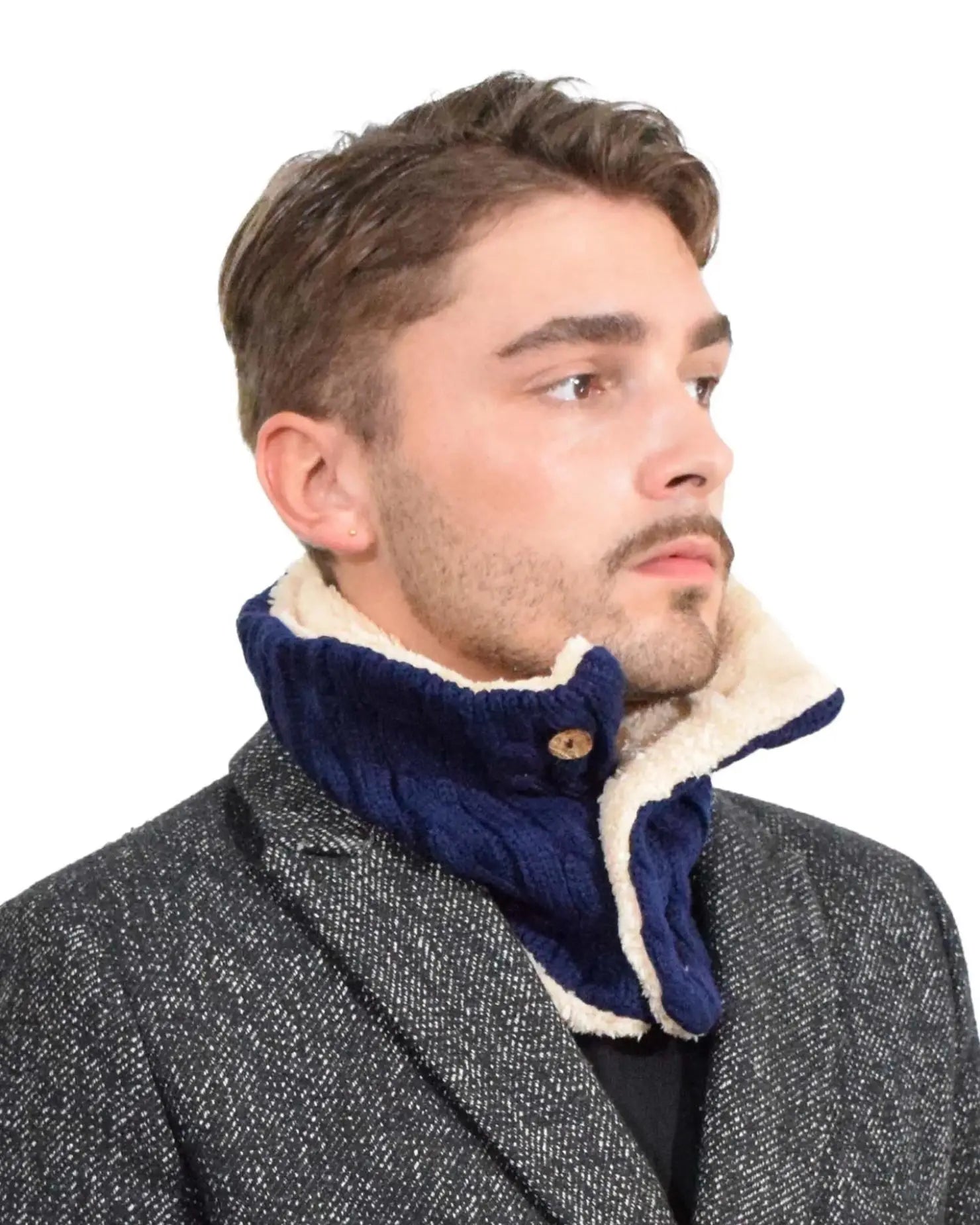 SALE Unisex Chunky Buttoned Snood Scarf in Navy worn by man