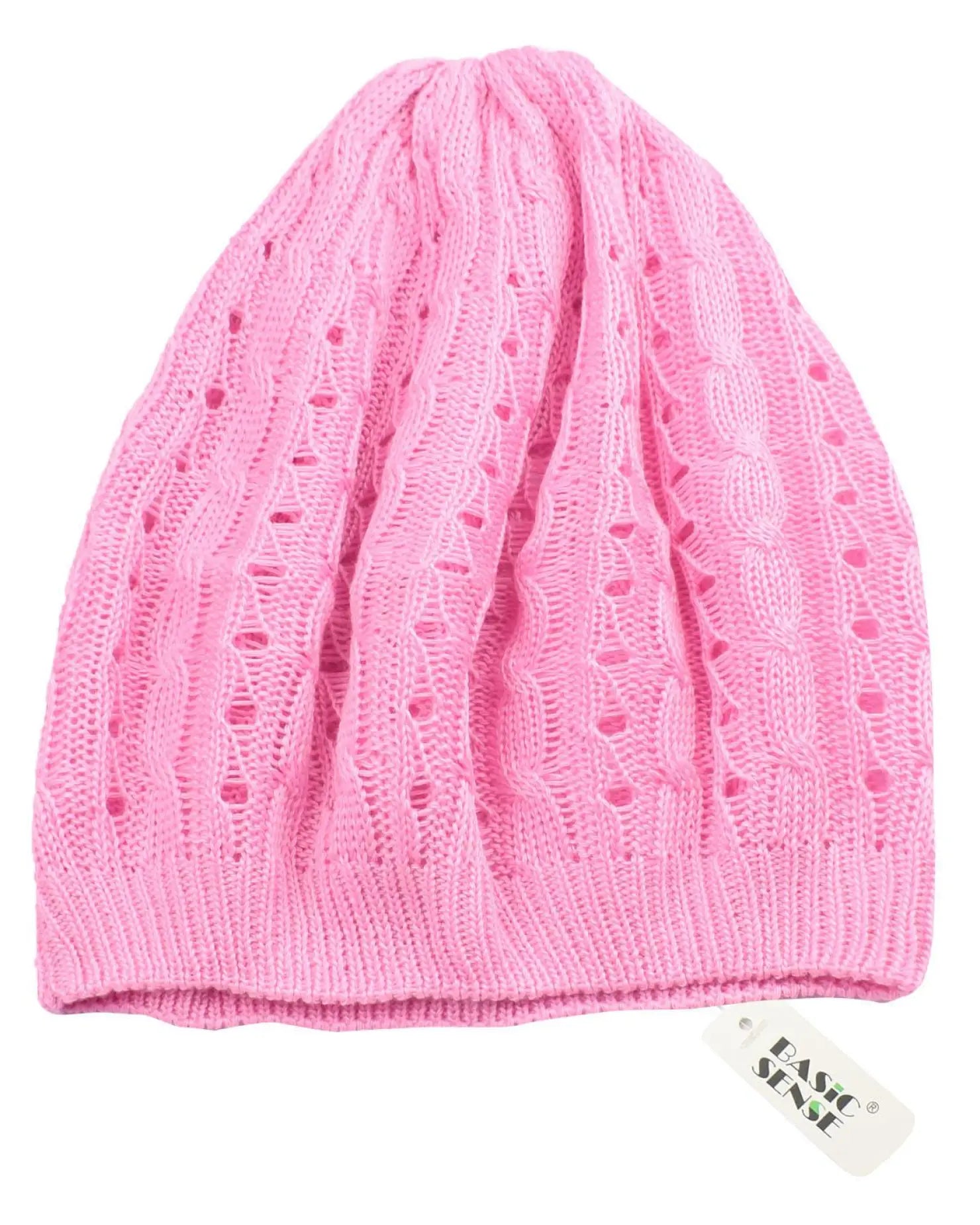 Pink cable knit crochet beanie hat with holes front for SALE Women’s.