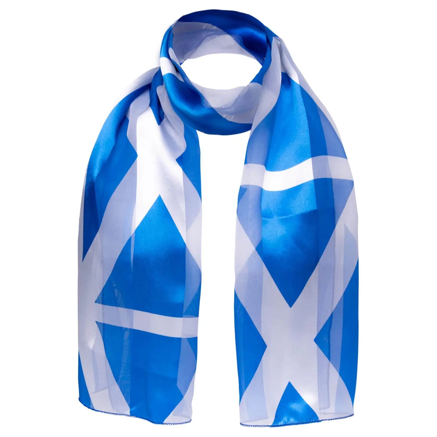 Saltire Scotland Flag silky satin scarf with blue and white geometric pattern for St. Andrew’s Day