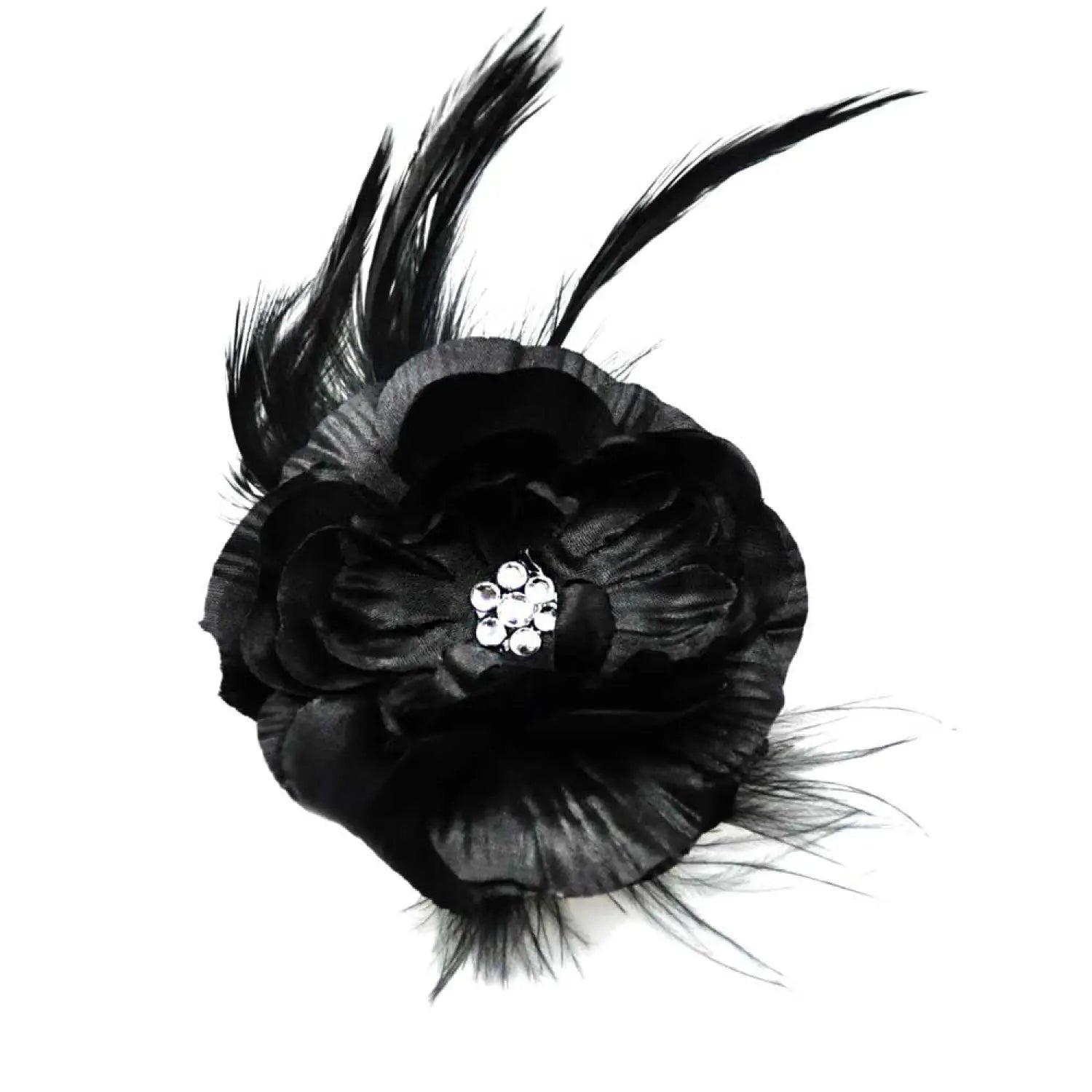 Black feather flower clip brooch with crystal center