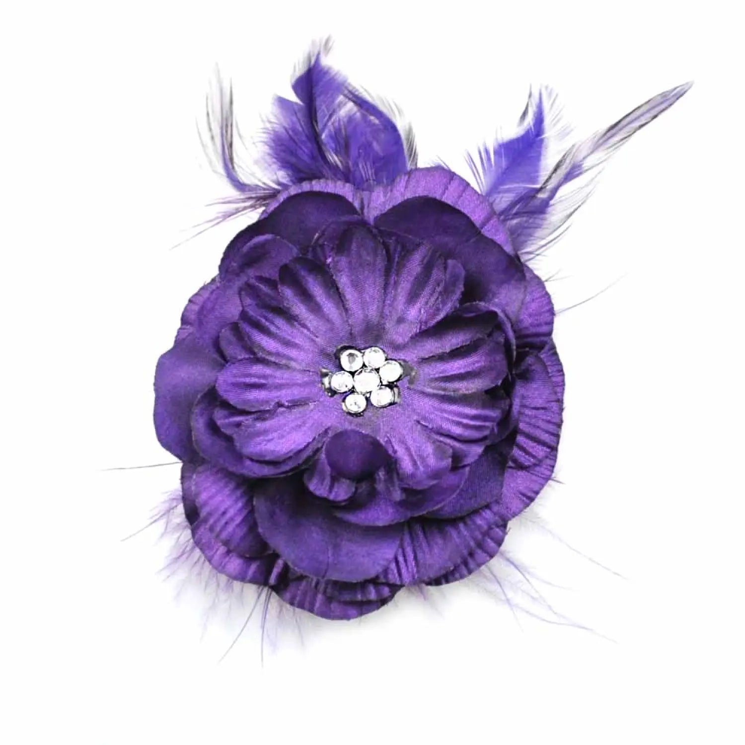 Purple flower clip brooch with feathers & crystal highlights