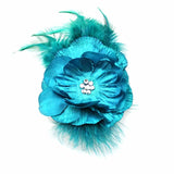 Blue flower clip brooch with feathers and crystals