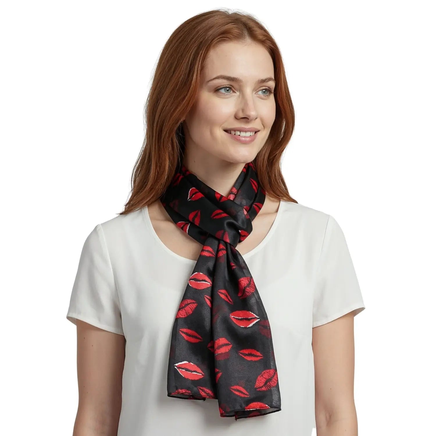 Satin Lightweight Scarf with Kiss Mark Design - Black - Scarves
