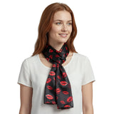 Satin Lightweight Scarf with Kiss Mark Design - Black - Scarves