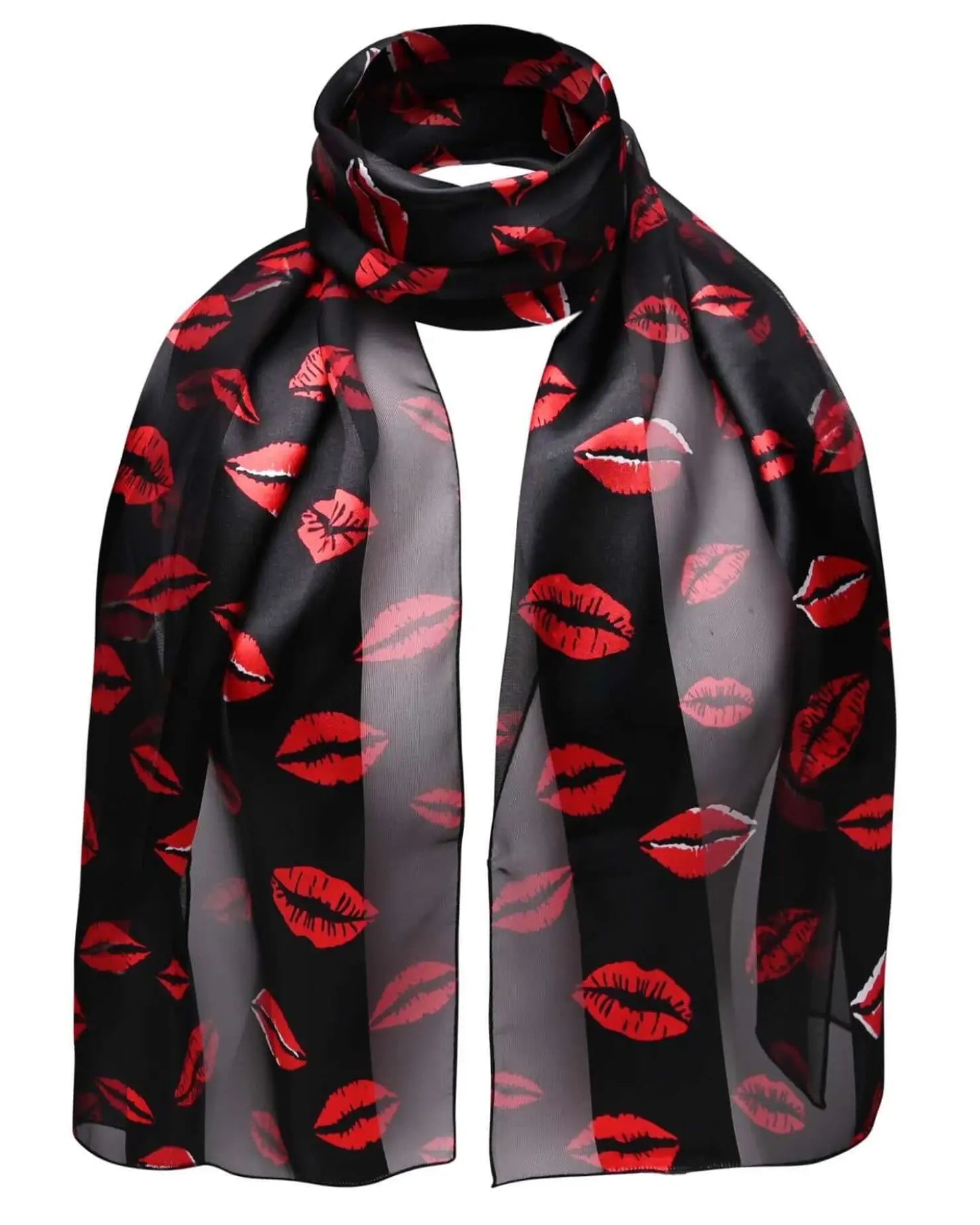 Black satin lightweight scarf with red kiss mark design