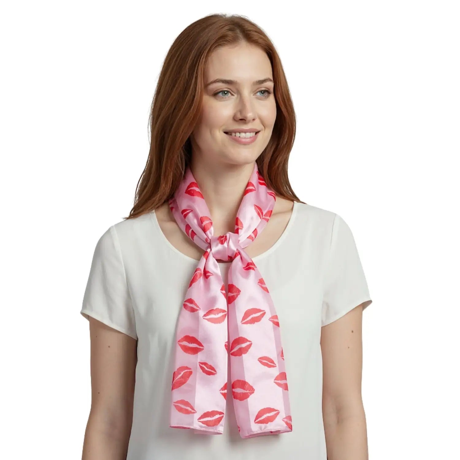 Satin Lightweight Scarf with Kiss Mark Design - Pink - Scarves