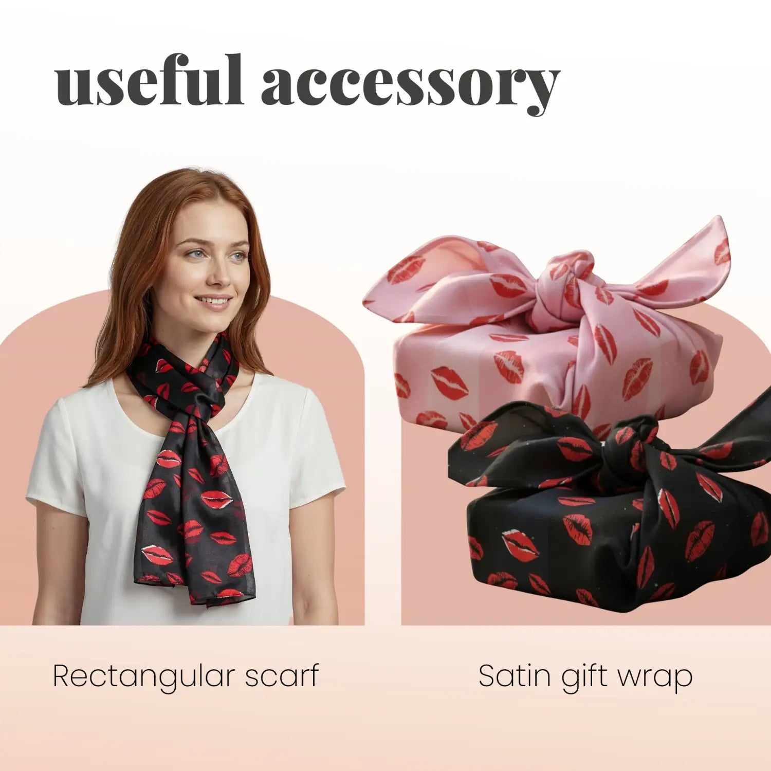 Satin Lightweight Scarf with Kiss Mark Design - Scarves