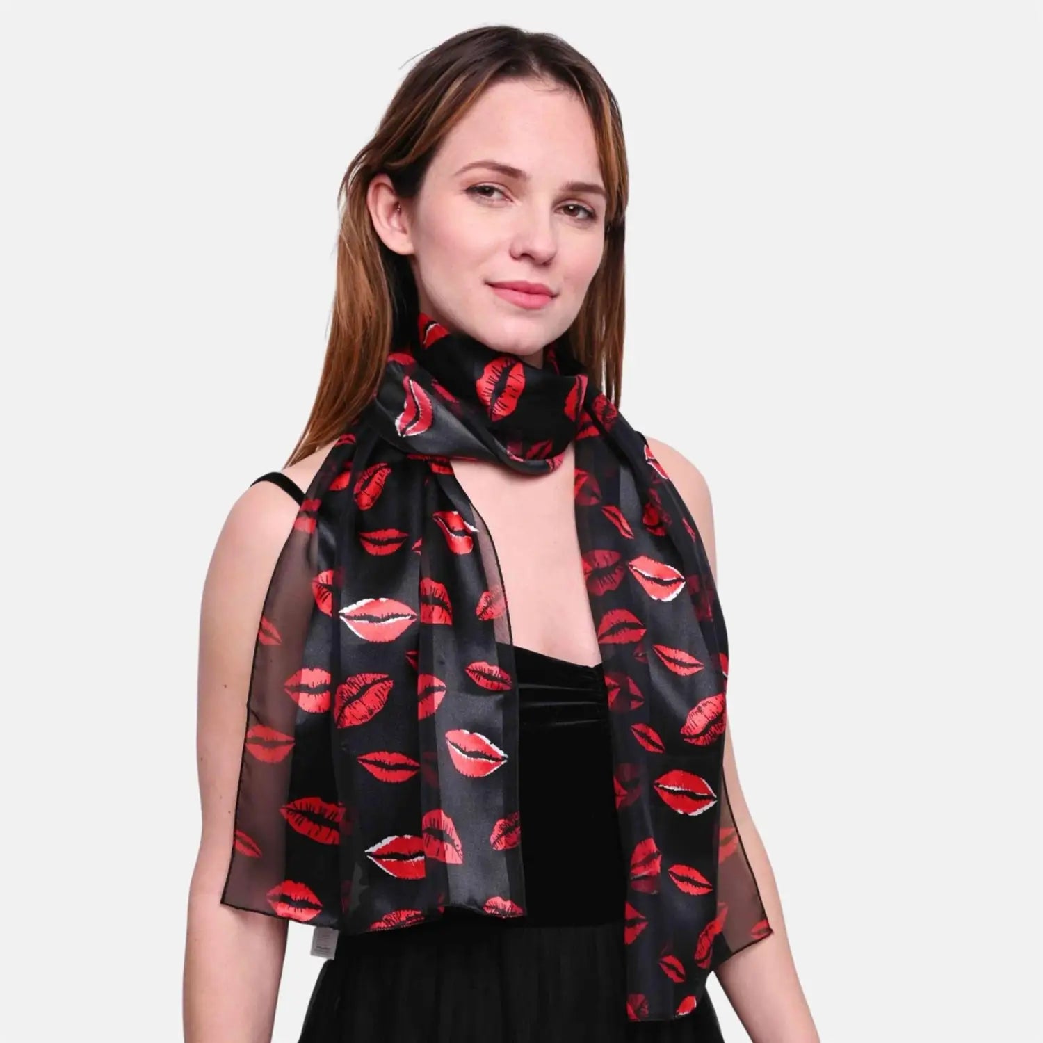 Satin lightweight scarf with kiss mark design on woman