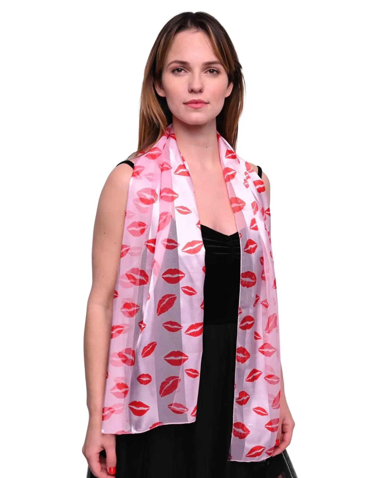 Woman wearing satin lightweight scarf with kiss mark design.