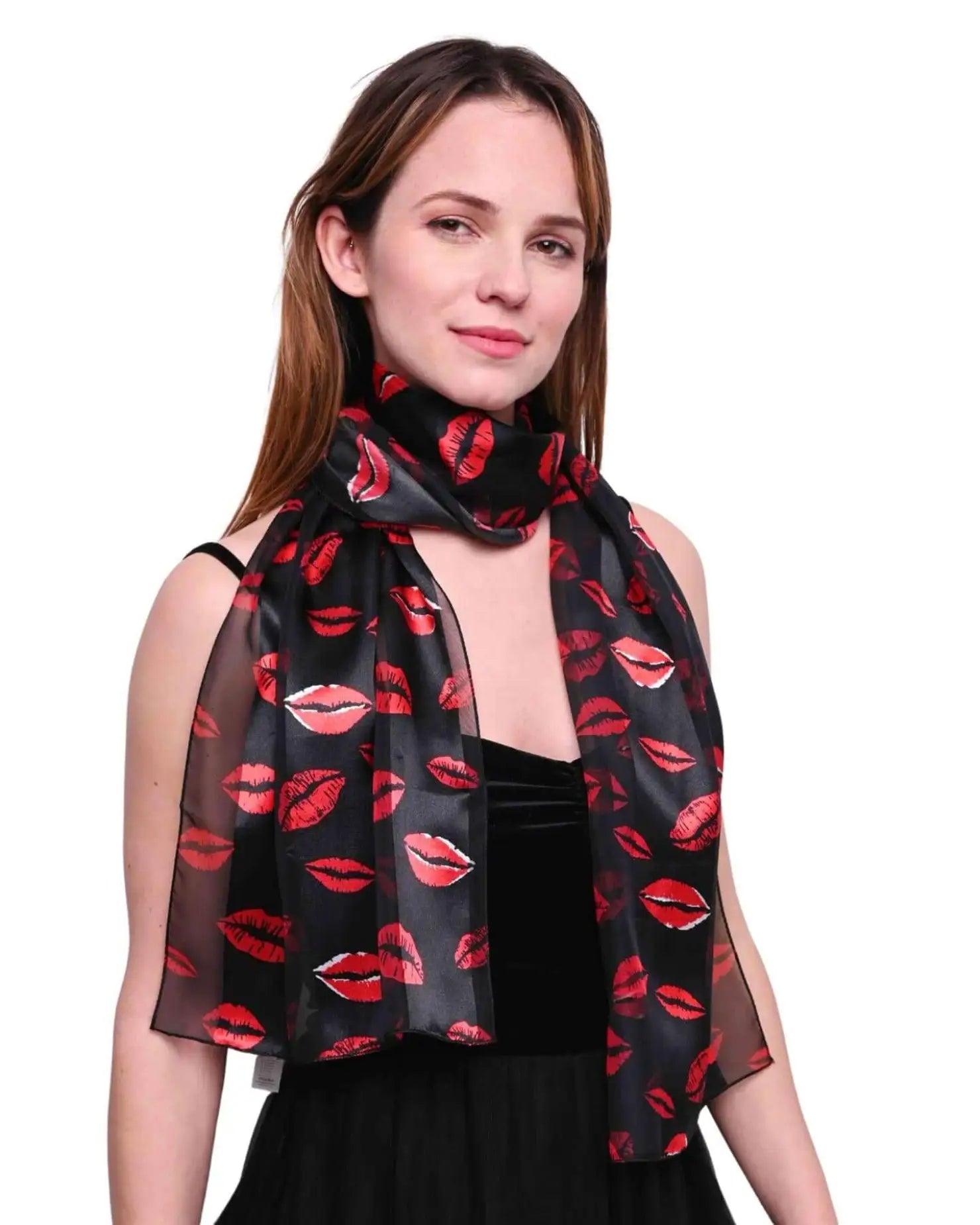 Woman wearing black and red scarf in Satin Lightweight Scarf with Kiss Mark Design.
