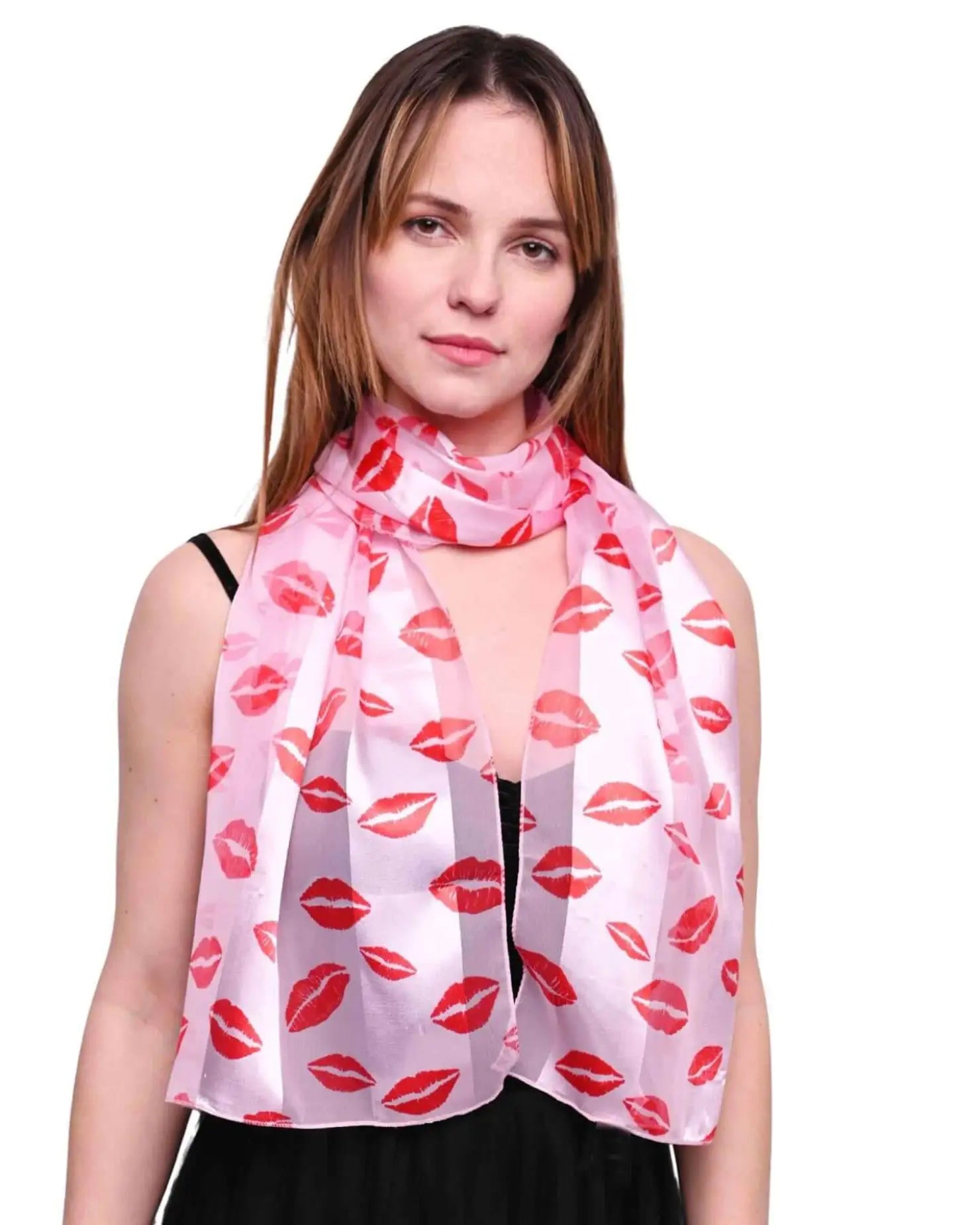 Satin lightweight scarf with kiss mark design worn by woman