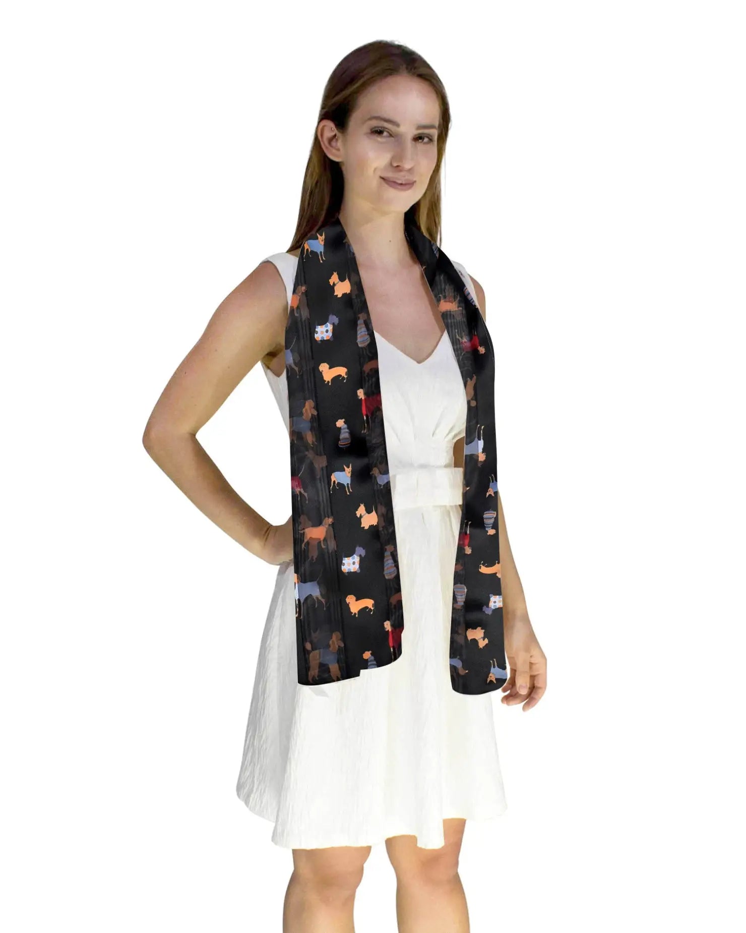 Stylish woman wearing a black vest with colorful dogs on it, featuring the Satin Stripe Dog Print Silky Soft Scarf.