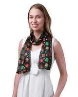 Woman wearing black scarf with Christmas presents on Satin Stripe Gift Box Scarf for Christmas Festivities