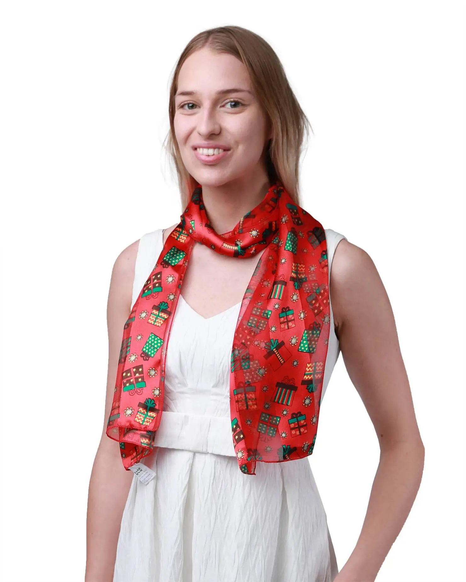 Girl wearing red scarf with Christmas decorations from Satin Stripe Gift Box Scarf for Christmas Festivities