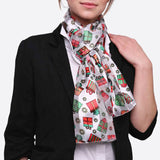 Woman wearing Satin Stripe Gift Box Scarf with Christmas presents pattern