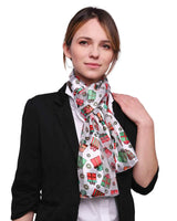 Woman wearing Satin Stripe Gift Box Scarf with Christmas decorations