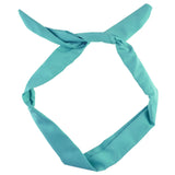 Turquoise satin wired bunny ears headband with knot.