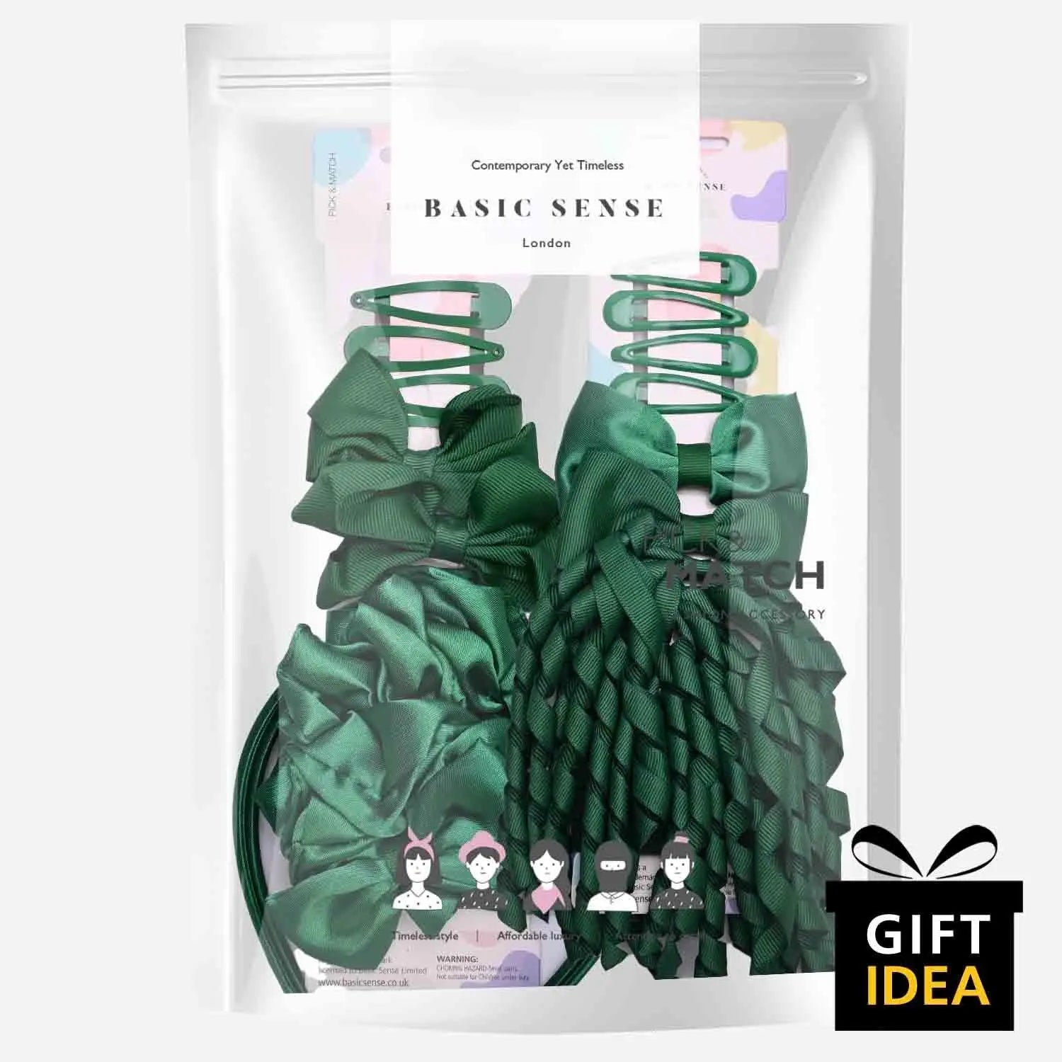 Green hair ties in a bag from School Girl Plain Hair Accessories Set, 23pcs for secure hold