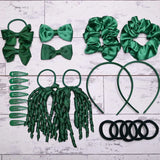 Green satin bow headbands, hair bow, and clips from School Girl Plain Hair Accessories Set