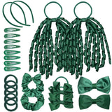 A bunch of green satin bows and clips from the School Girl Plain Hair Accessories Set, 23pcs