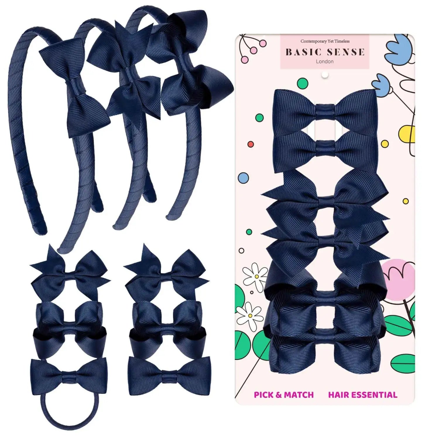 School Hair Accessories Set with Bow Alice Bands Alligator Clips & Elastics - Navy - Hair Accessory Set
