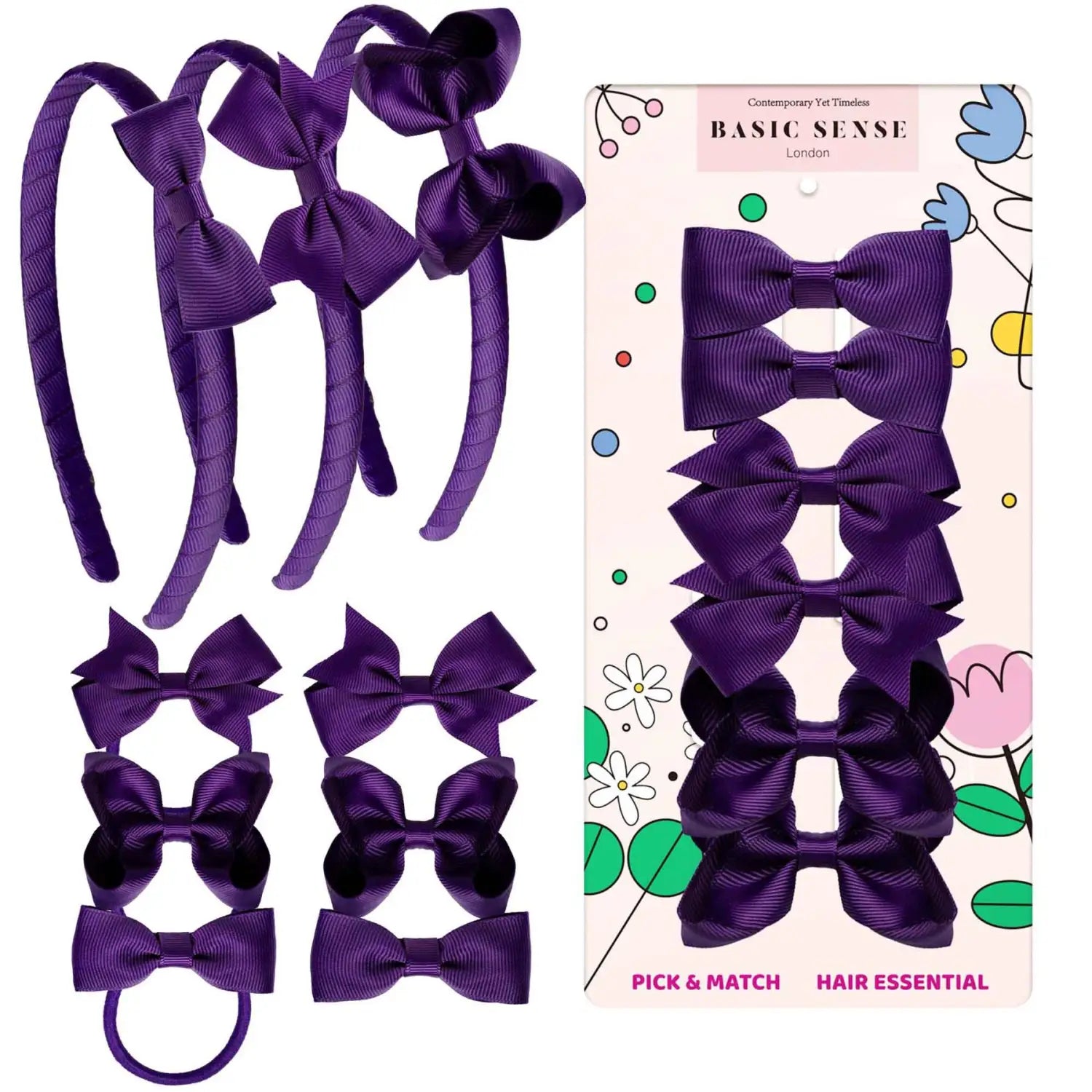 School Hair Accessories Set with Bow Alice Bands Alligator Clips & Elastics - Purple - Hair Accessory Set