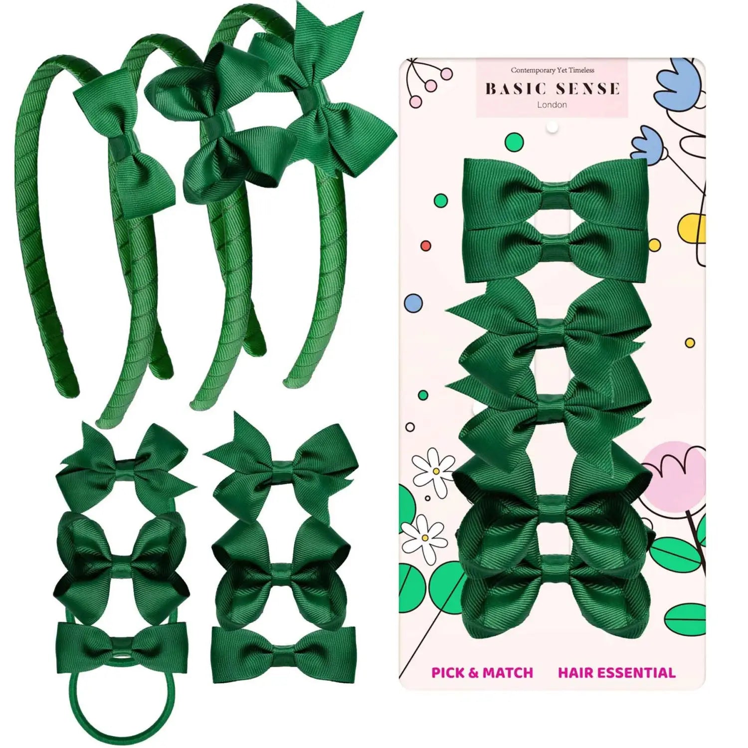 School Hair Accessories Set with Bow Alice Bands Alligator Clips & Elastics - Dark Green - Hair Accessory Set